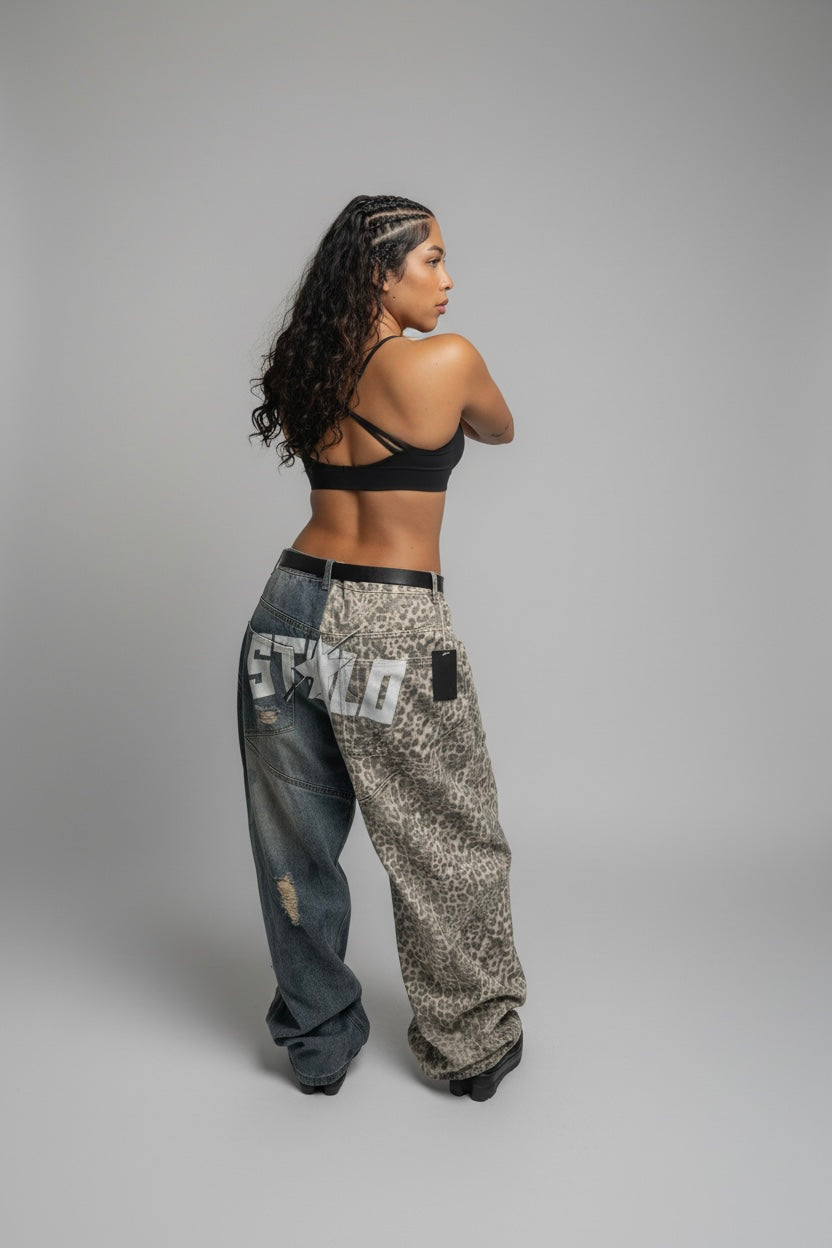 Stolo Clothing Co STARCHILD Half Leopard Print Blue Distressed Baggy Denim Jeans