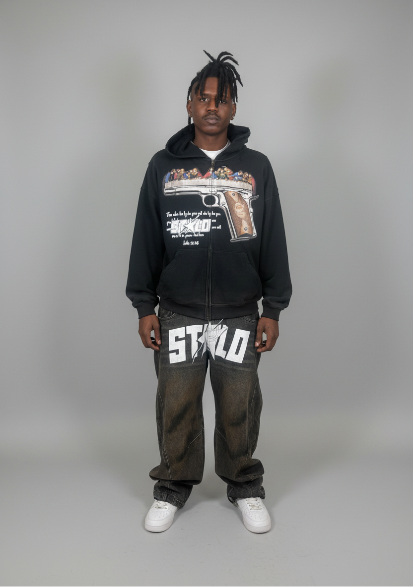 Stolo Clothing Co LUKE 22:36 Hand-Frayed Sun-Faded Double Zip-Up Hoodie (420 GSM)