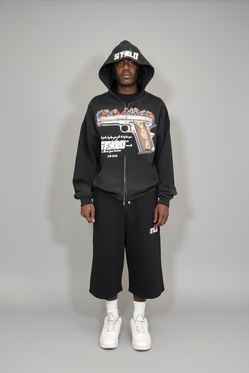 Stolo Clothing Co LUKE 22:36 Hand-Frayed Sun-Faded Double Zip-Up Hoodie (420 GSM)
