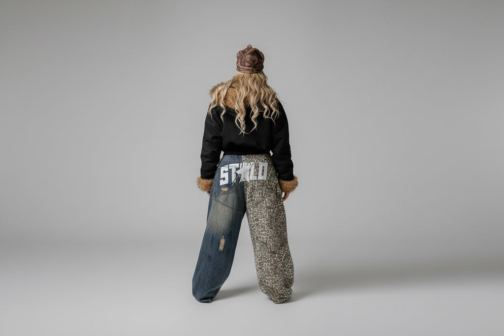 Stolo Clothing Co STARCHILD Half Leopard Print Blue Distressed Baggy Denim Jeans
