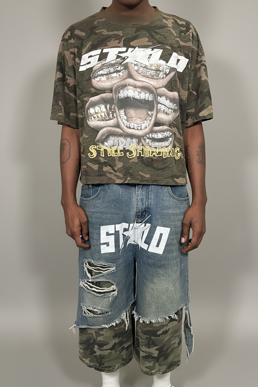 Limited Editon Stolo Clothing Co Still Shining Unisex Camo Cropped Oversized Tee
