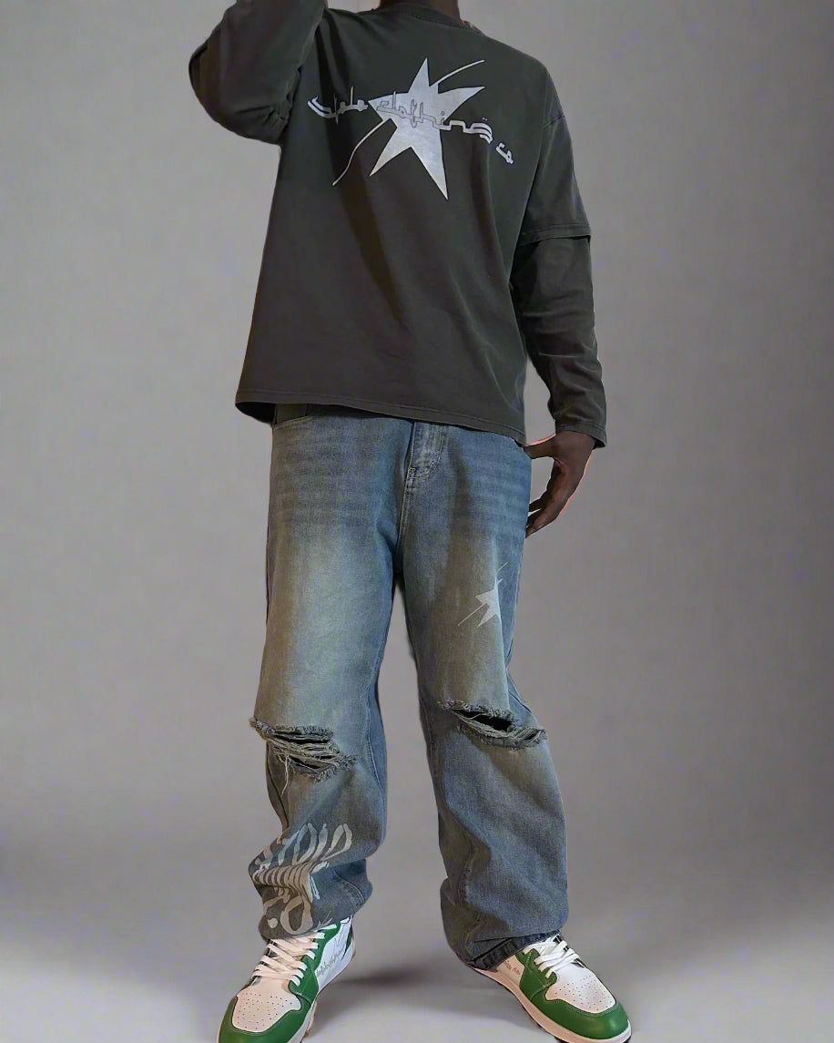 Stolo Clothing Co Starz Distressed Washed Wide-Fit Baggy Denim Jeans