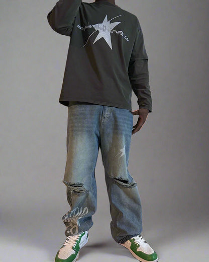 Stolo Clothing Co Starz Distressed Washed Wide-Fit Baggy Denim Jeans