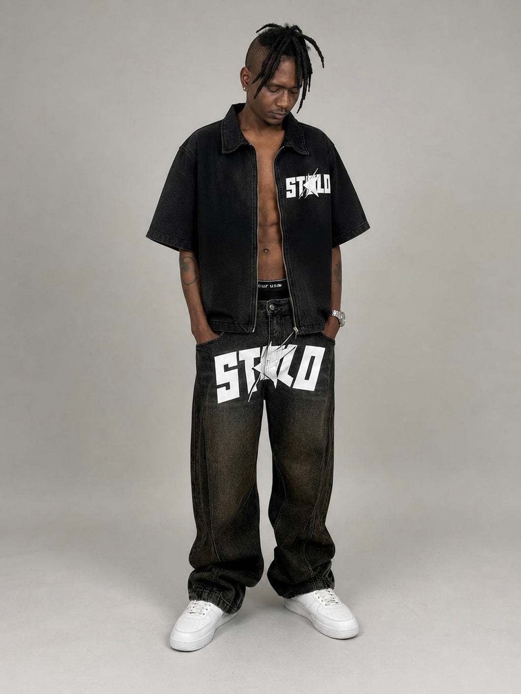 Stolo Clothing Co STARCHILD REBORN  Sun Faded Vintage Washed Full-Zip Denim Tee Shirt