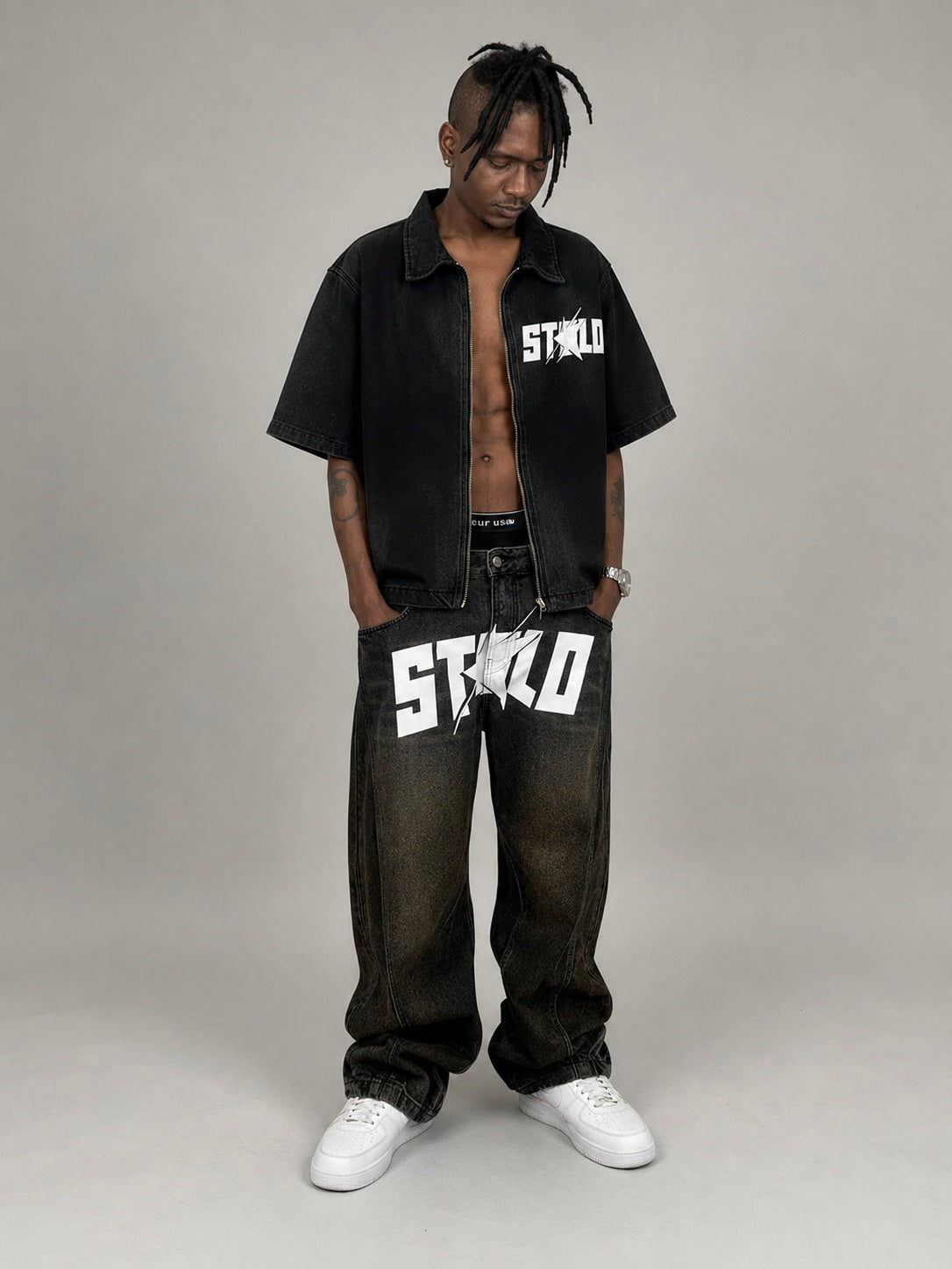 Stolo Clothing Co STARCHILD REBORN  Sun Faded Vintage Washed Full-Zip Denim Tee Shirt