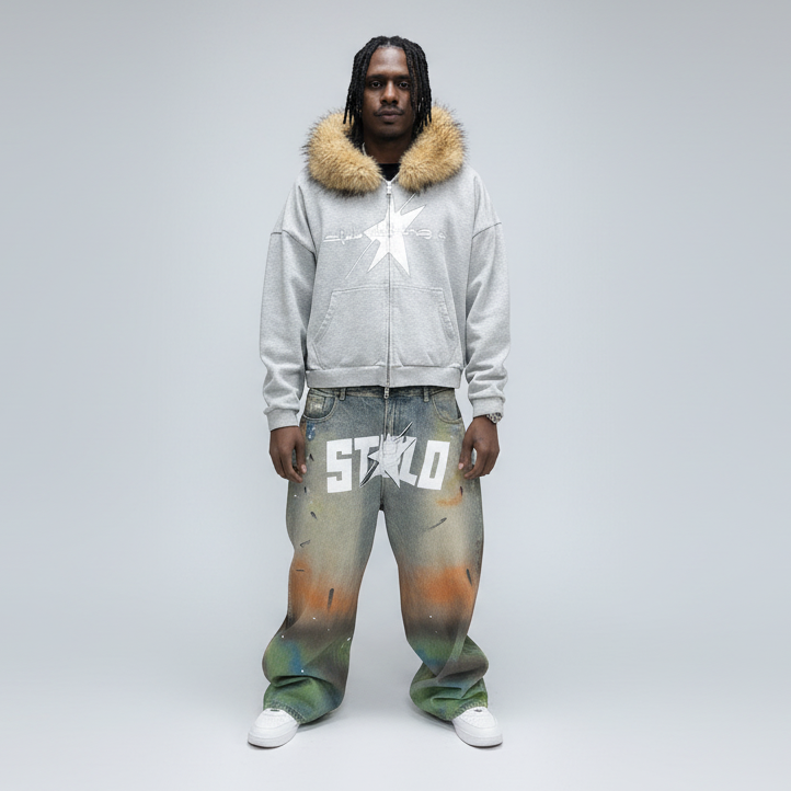 Stolo Clothing Co LOGO Grey Detectable Fur Double Zip-Up Hoodie（400GSM)