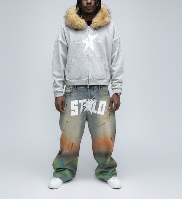 Stolo Clothing Co LOGO Grey Detectable Fur Double Zip-Up Hoodie（400GSM)