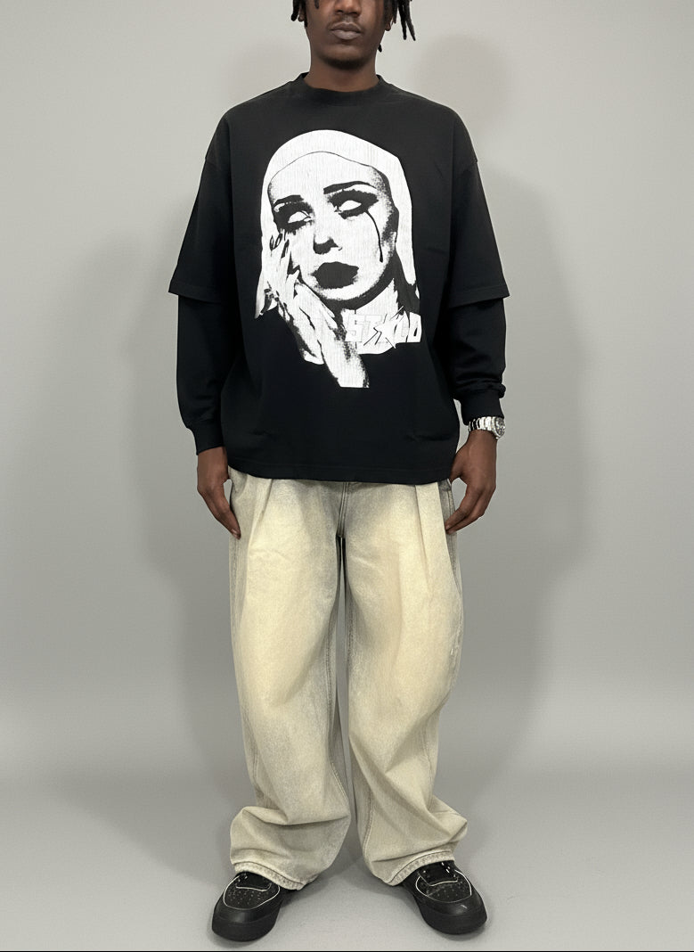 Stolo Clothing Co EVIL NUN Sun Faded Hand-Frayed Double Layered Tee