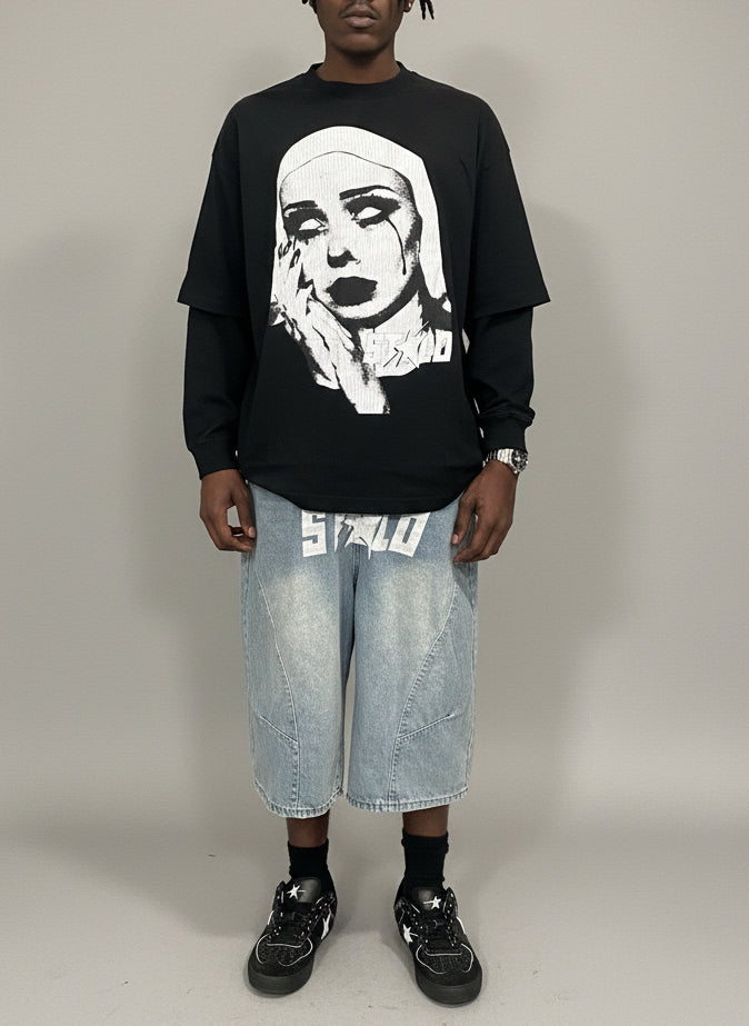 Stolo Clothing Co EVIL NUN Sun Faded Hand-Frayed Double Layered Tee