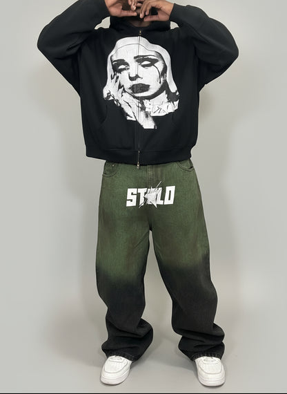 Stolo Clothing Co EVIL NUN Boxy Cropped Fleece Double Zip-Up Hoodie