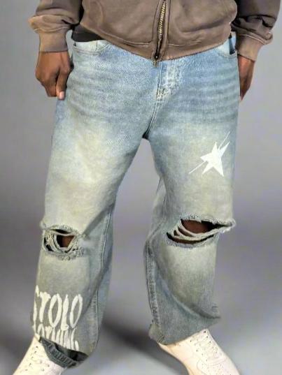 Stolo Clothing Co Starz Distressed Washed Wide-Fit Baggy Denim Jeans