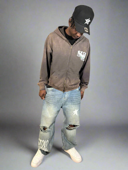 Stolo Clothing Co Starz Distressed Washed Wide-Fit Baggy Denim Jeans