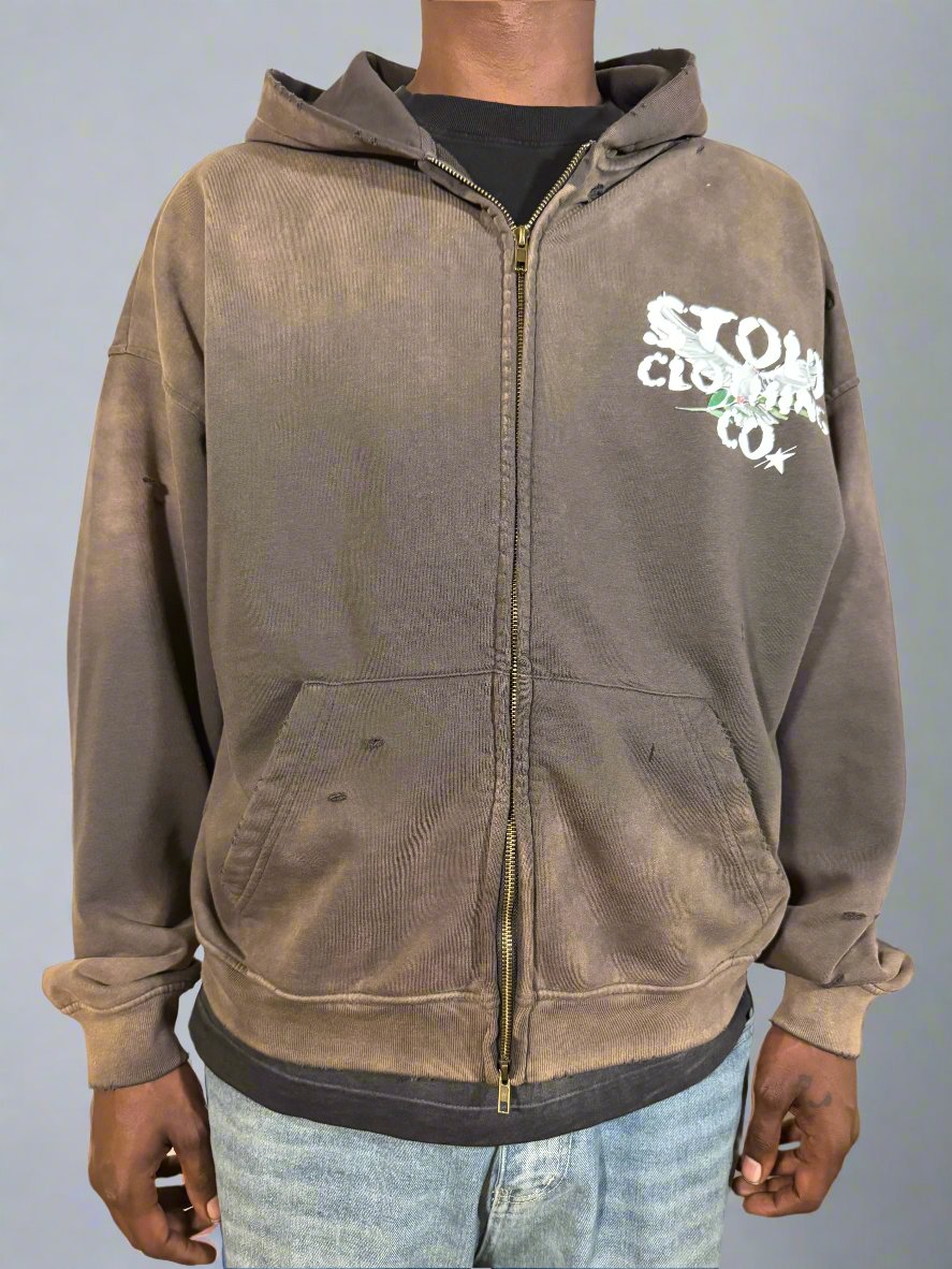 Limited Edition Stolo Clothing Co Birdies Post-Apocalyptic Pure Cotton Hand-Frayed Monkey Washed Double Zip Up Hoodie