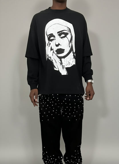 Stolo Clothing Co EVIL NUN Sun Faded Hand-Frayed Double Layered Tee