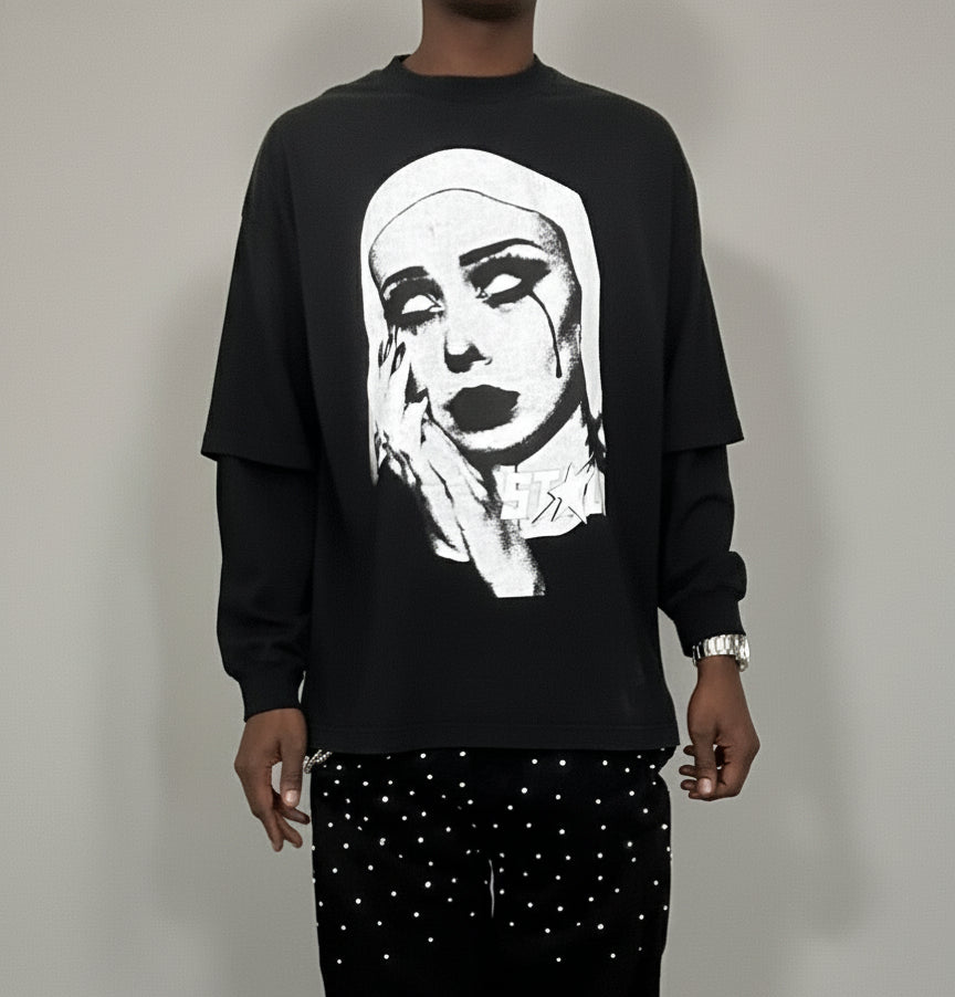 Stolo Clothing Co EVIL NUN Sun Faded Hand-Frayed Double Layered Tee