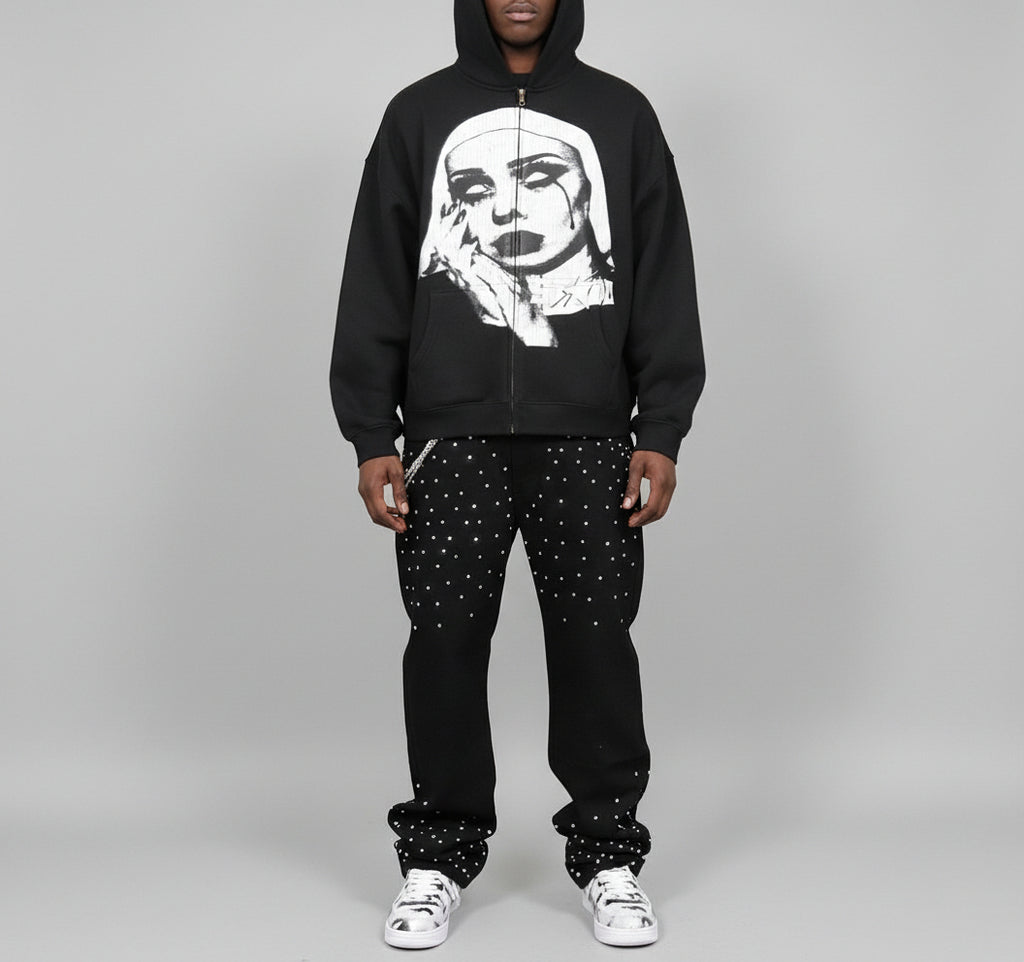 Stolo Clothing Co EVIL NUN Boxy Cropped Fleece Double Zip-Up Hoodie