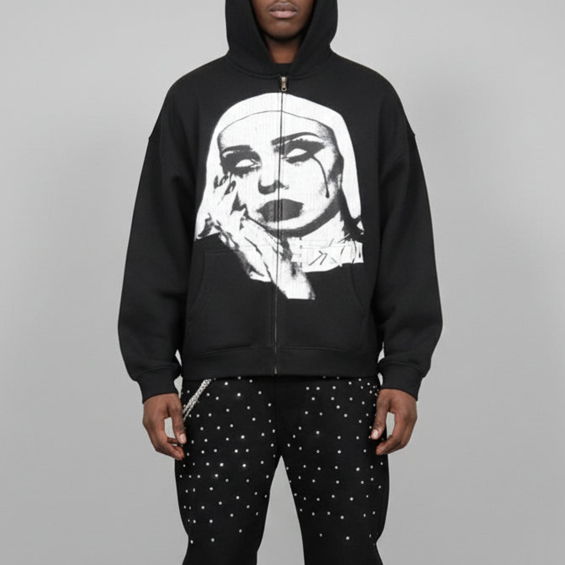Stolo Clothing Co EVIL NUN Boxy Cropped Fleece Double Zip-Up Hoodie