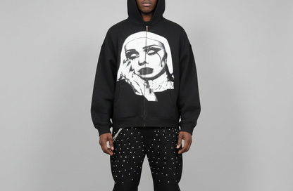 Stolo Clothing Co EVIL NUN Boxy Cropped Fleece Double Zip-Up Hoodie