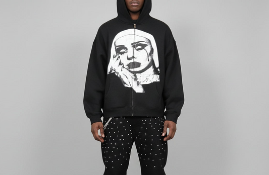 Stolo Clothing Co EVIL NUN Boxy Cropped Fleece Double Zip-Up Hoodie