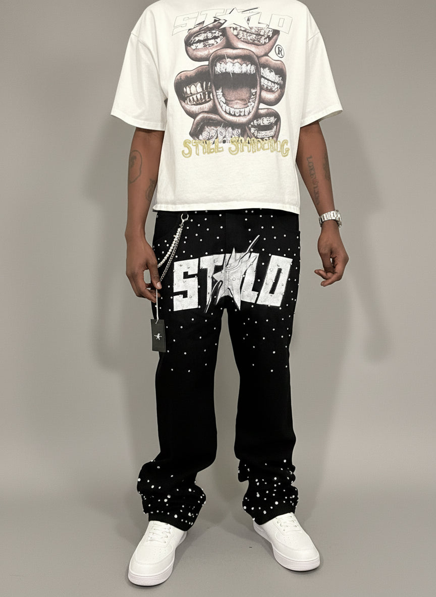 Stolo Clothing Co STARCHILD Half Rhinestone Denim Loose Fit Straight Leg Jeans