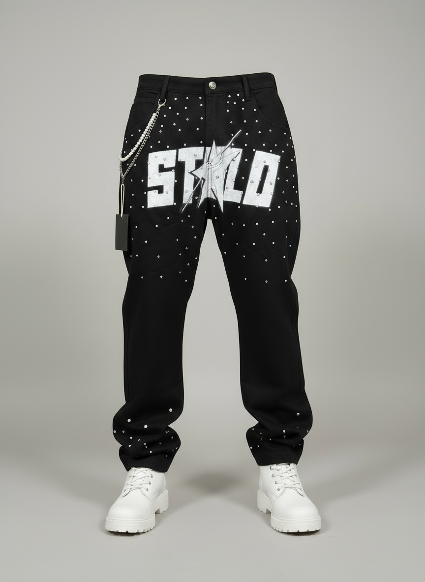 Stolo Clothing Co STARCHILD Half Rhinestone Denim Loose Fit Straight Leg Jeans w/ Wallet Chain