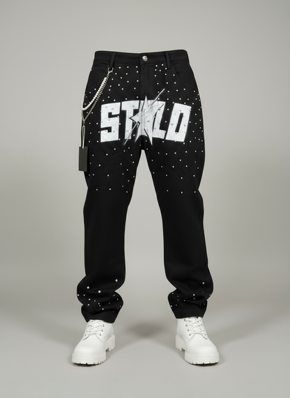 Stolo Clothing Co STARCHILD Half Rhinestone Denim Loose Fit Straight Leg Jeans