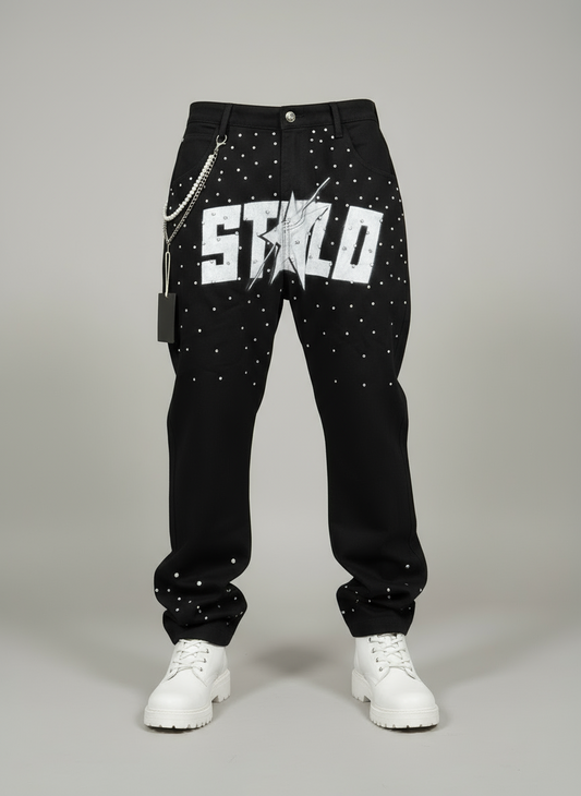 Stolo Clothing Co STARCHILD Half Rhinestone Denim Loose Fit Straight Leg Jeans