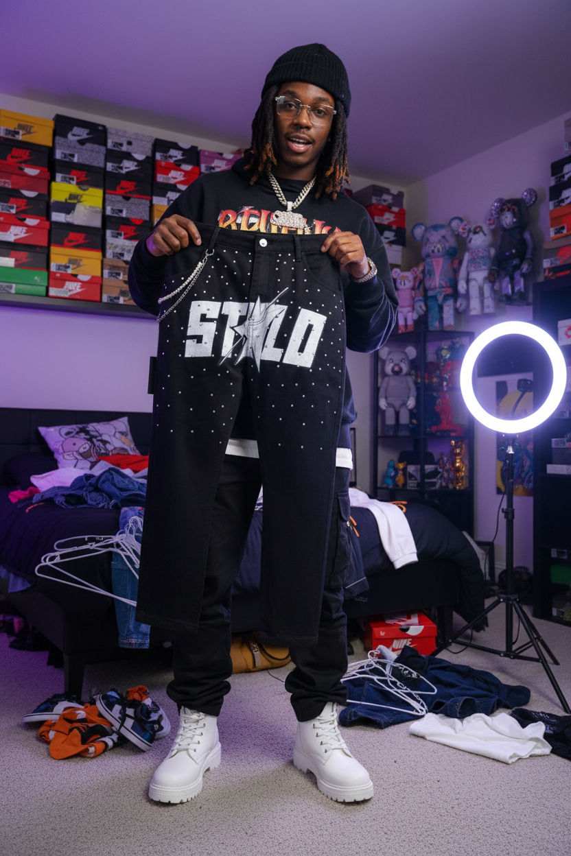 Stolo Clothing Co STARCHILD Half Rhinestone Denim Loose Fit Straight Leg Jeans w/ Wallet Chain