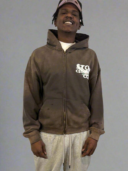 Limited Edition Stolo Clothing Co Birdies Post-Apocalyptic Pure Cotton Hand-Frayed Monkey Washed Double Zip Up Hoodie