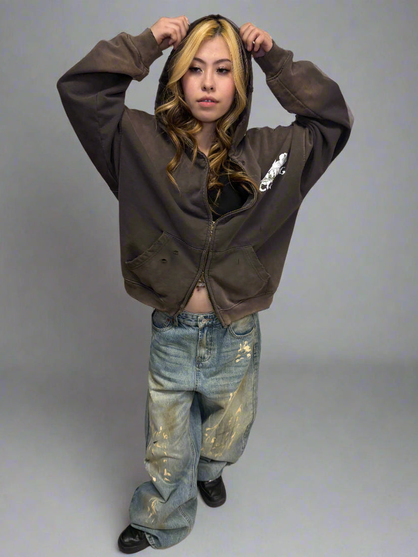 Limited Edition Stolo Clothing Co Birdies Hand-Frayed Pure Cotton Double Zip Up Hoodie