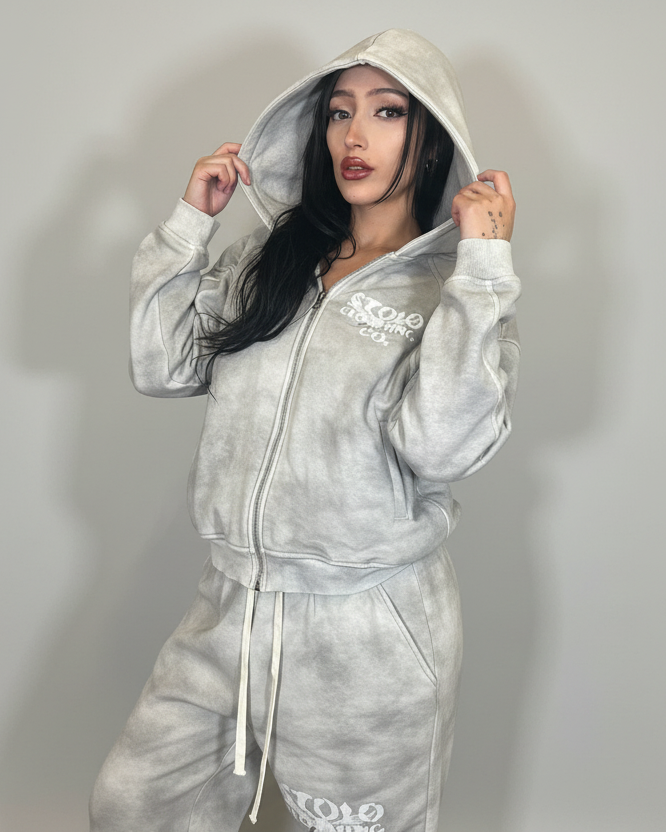 Stolo Clothing Co Birdies Dirty Washed Fleece Cropped Boxy Zip-Up  Hoodie