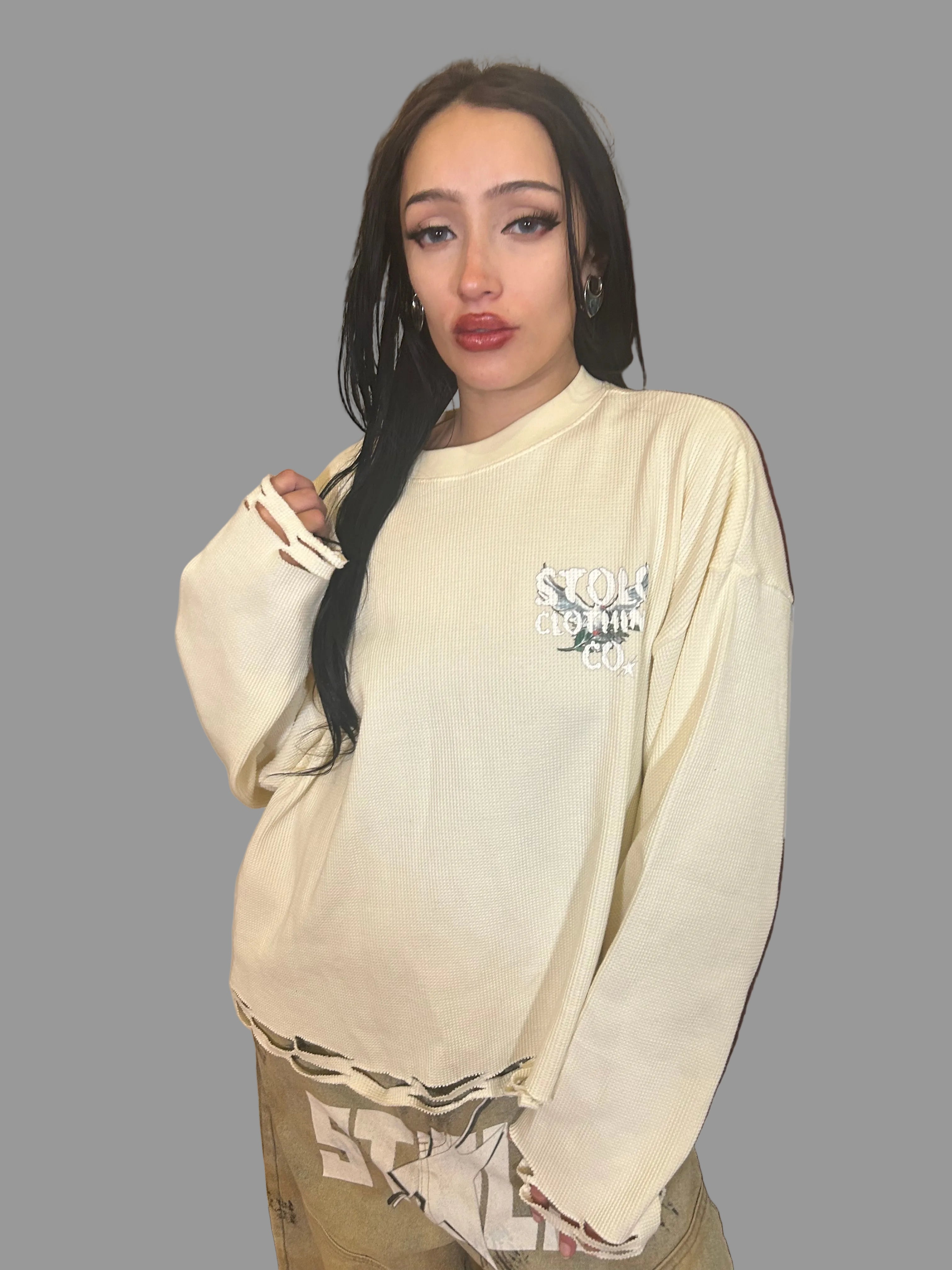 Stolo Clothing Co Birdies Waffle Cropped Distressed Sleeve Tee