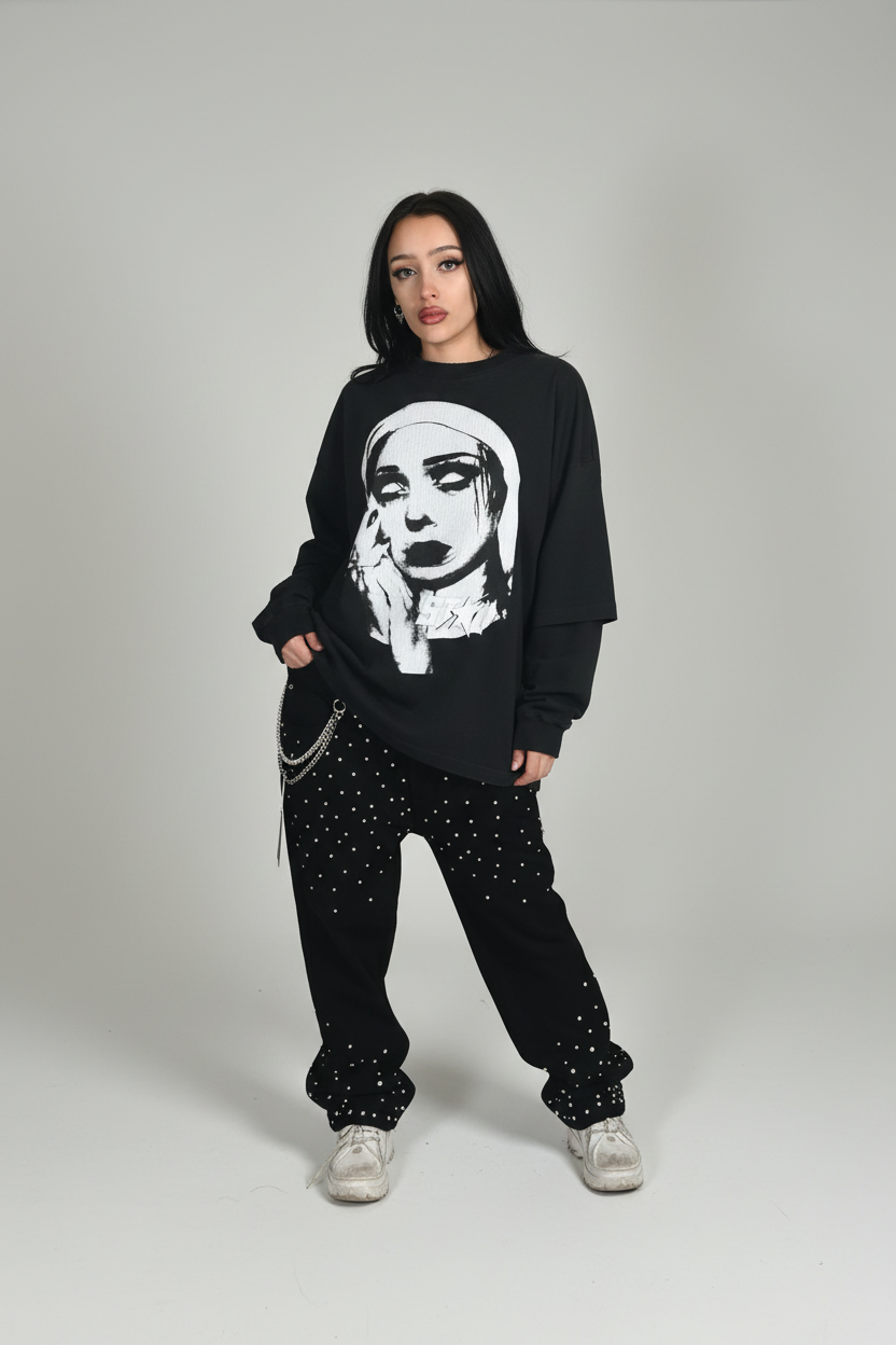 Stolo Clothing Co EVIL NUN Sun Faded Hand-Frayed Double Layered Tee