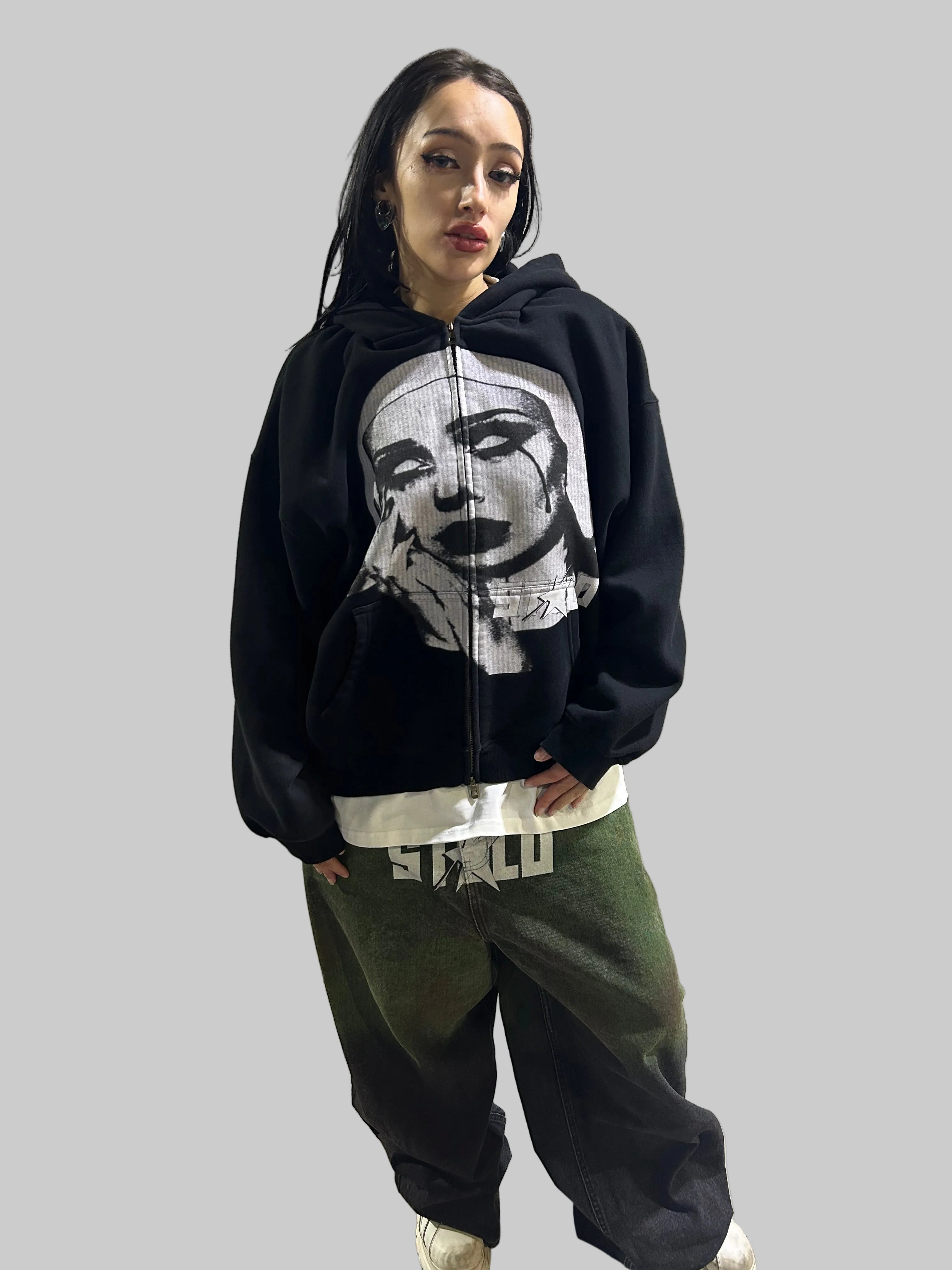 Stolo Clothing Co EVIL NUN Boxy Cropped Fleece Double Zip-Up Hoodie