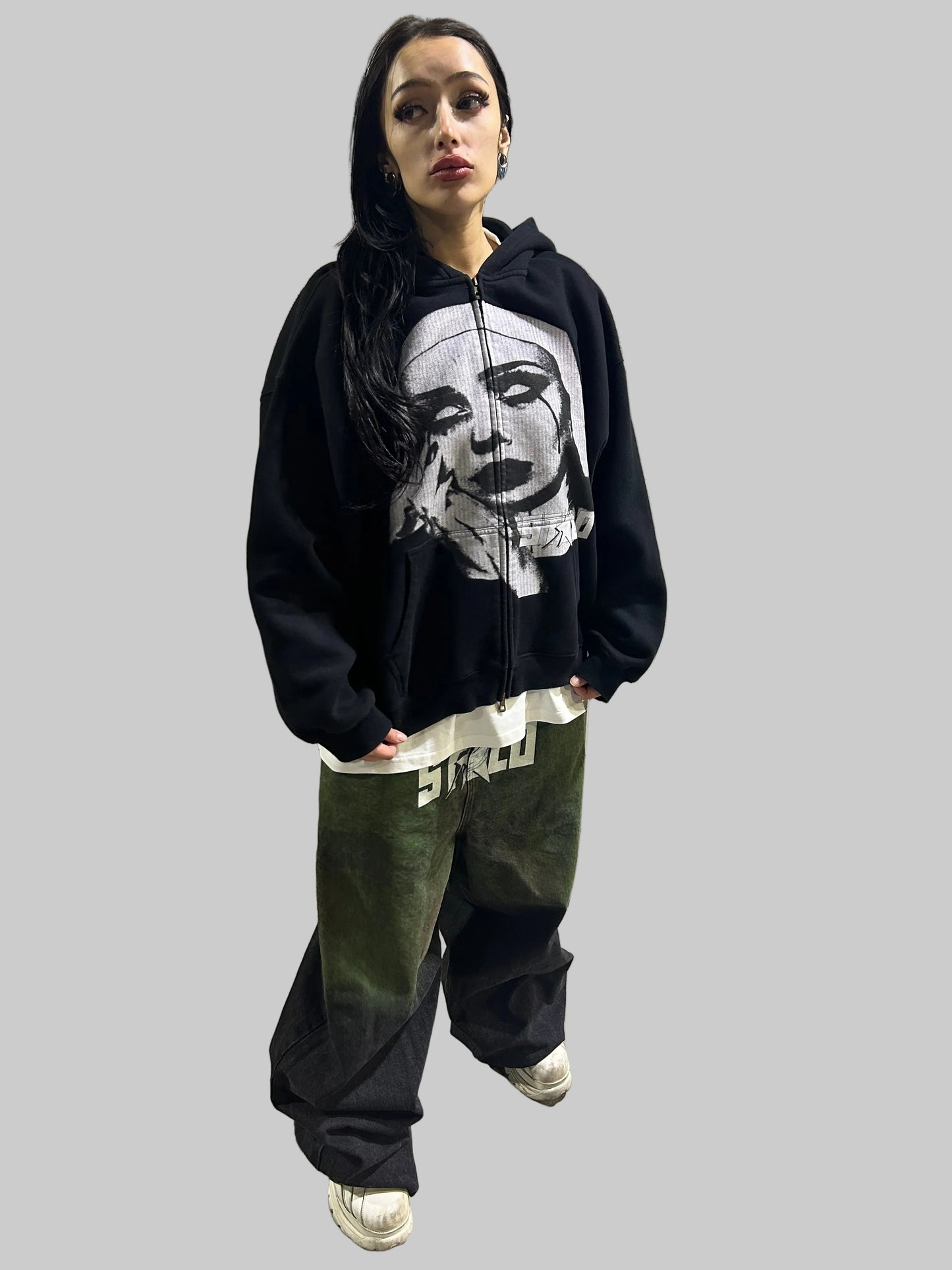 Stolo Clothing Co EVIL NUN Boxy Cropped Fleece Double Zip-Up Hoodie