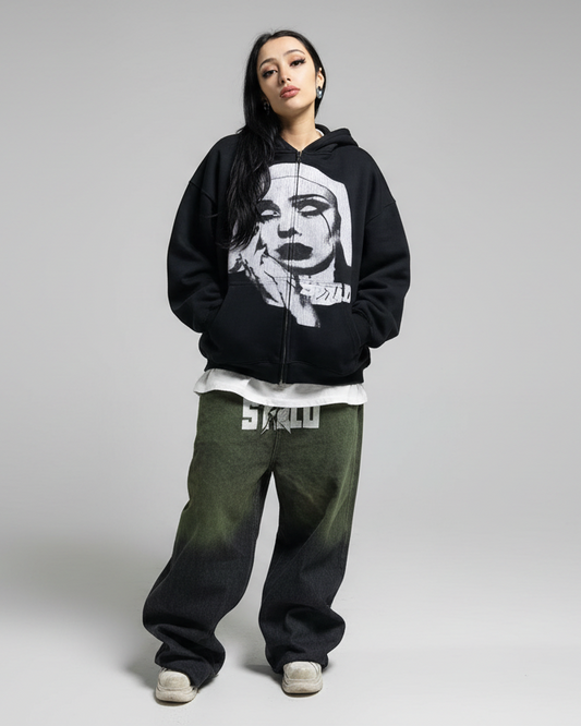 Stolo Clothing Co EVIL NUN Boxy Cropped Fleece Double Zip-Up Hoodie