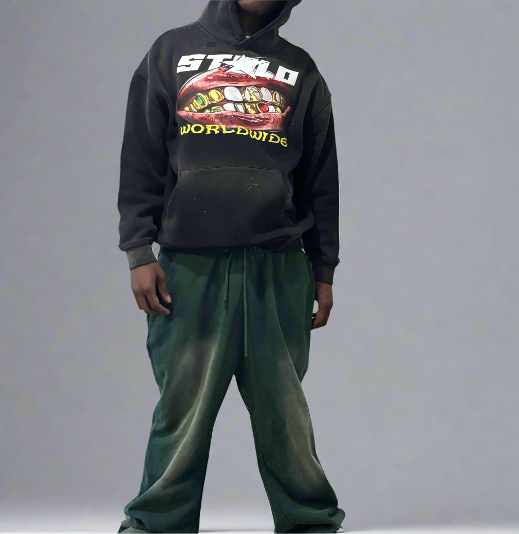 Stolo Clothing Co Essentials Sun Faded Fleece Baggy Joggers [BLACK & GREEN ]