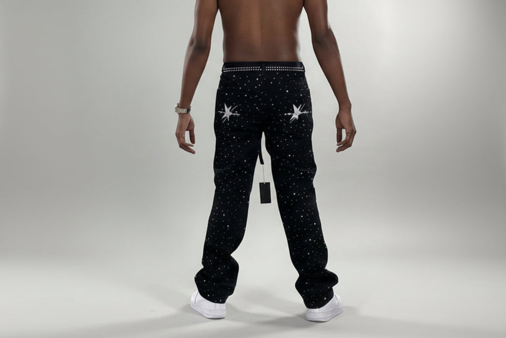 Stolo Clothing Co STARCHILD Unisex Full Rhinestone Loose Fit Straight Leg Denim Jeans w/ Diamond Belt
