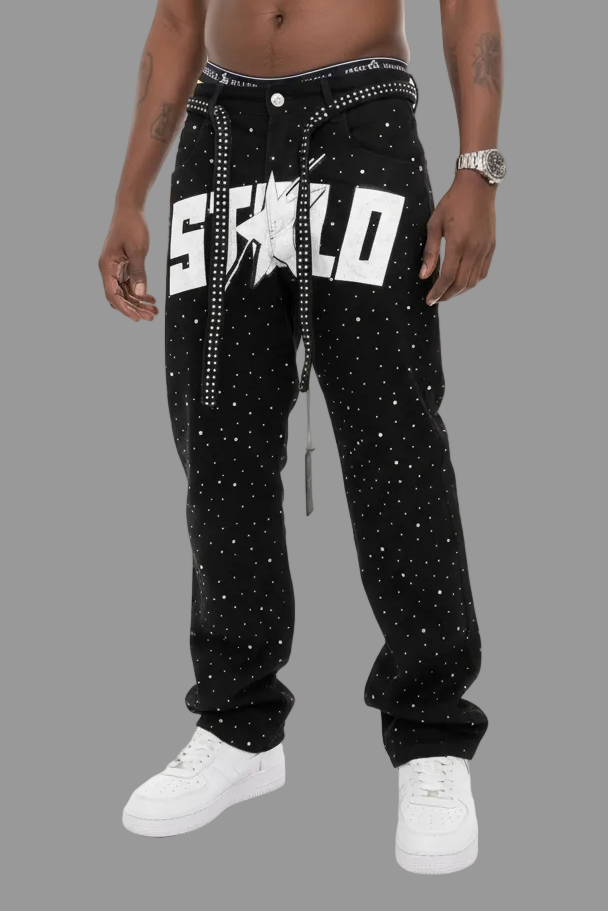 Stolo Clothing Co STARCHILD Unisex Full Rhinestone Loose Fit Straight Leg Denim Jeans w/ Diamond Belt