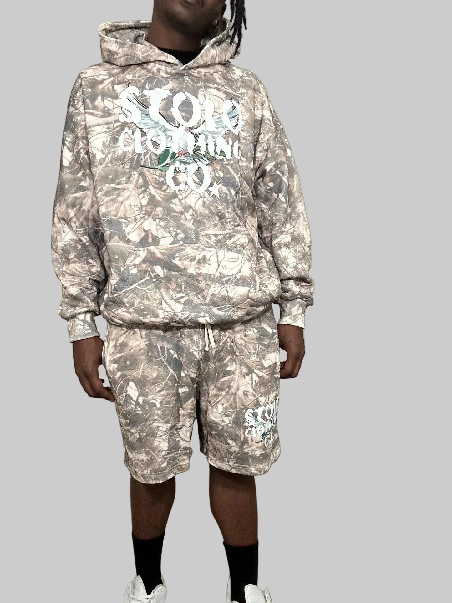 Stolo Clothing Co Birdies Tree Print Camo Heavyweight Cropped French Terry Hoodie