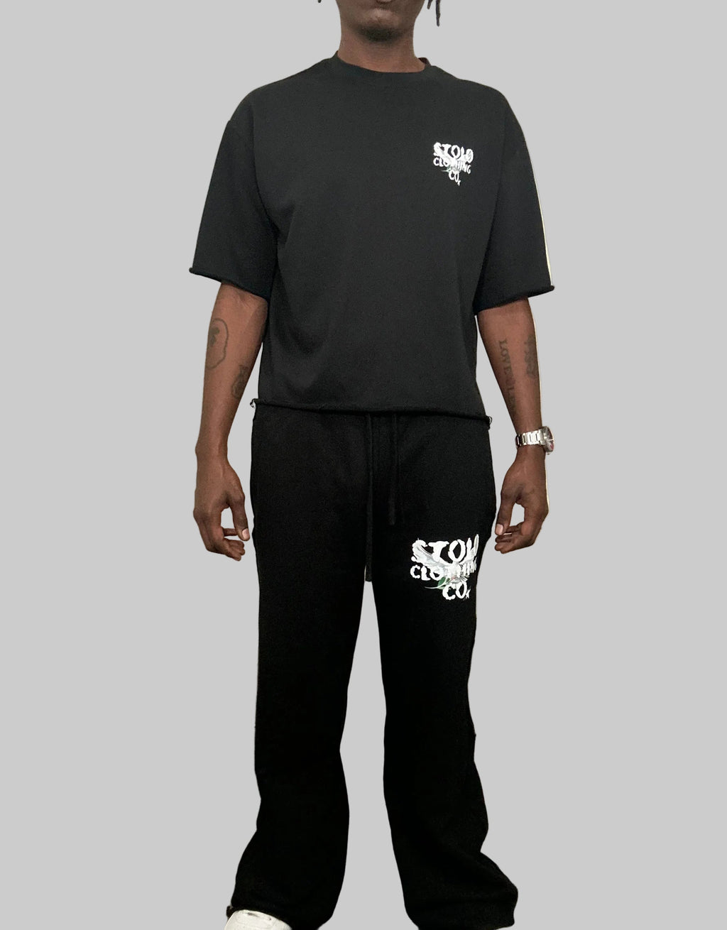 Stolo Clothing Co Birdies Minimalistic Frayed-Sleeve Raw-Edge Boxy Tee