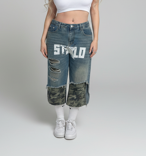 Stolo Clothing Co STARCHILD Unisex Half Camouflage Half Frayed Denim Shorts (JORTS)