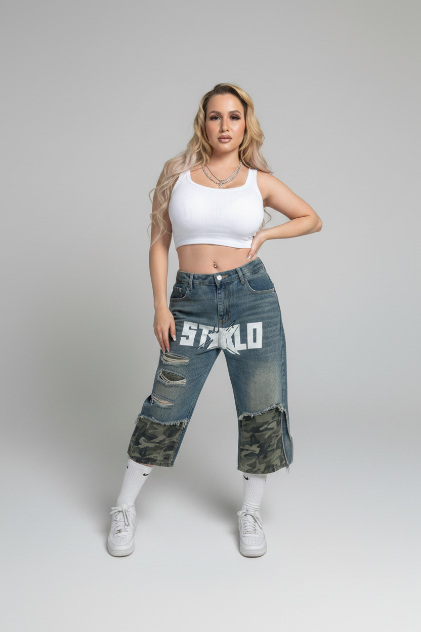 Stolo Clothing Co STARCHILD Unisex Half Camouflage Half Frayed Denim Shorts (JORTS)