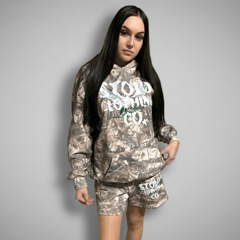 Stolo Clothing Co Birdies Tree Print Camo Heavyweight Cropped French Terry Hoodie