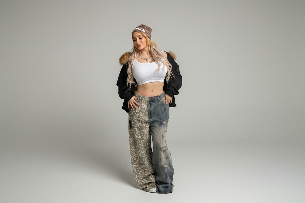 Stolo Clothing Co STARCHILD Half Leopard Print Blue Distressed Baggy Denim Jeans