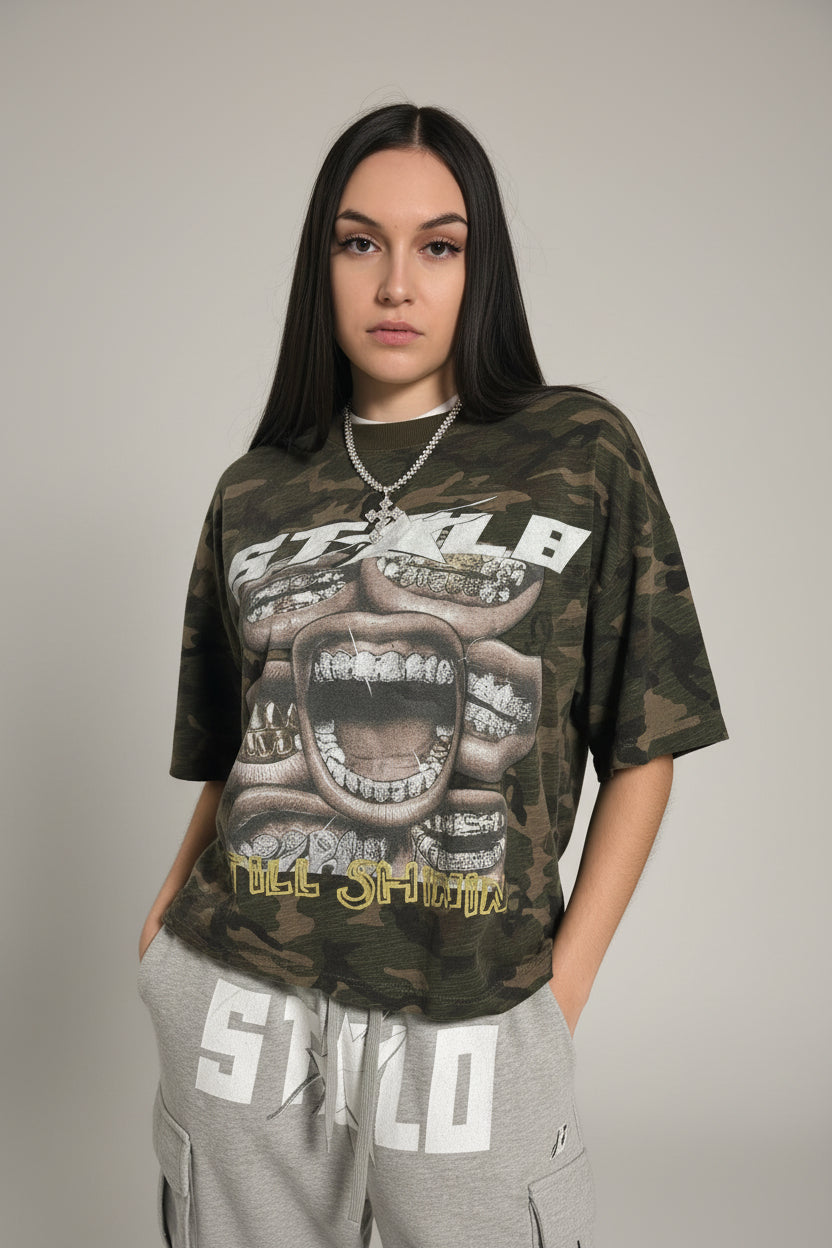 Limited Editon Stolo Clothing Co Still Shining Unisex Camo Cropped Oversized Tee