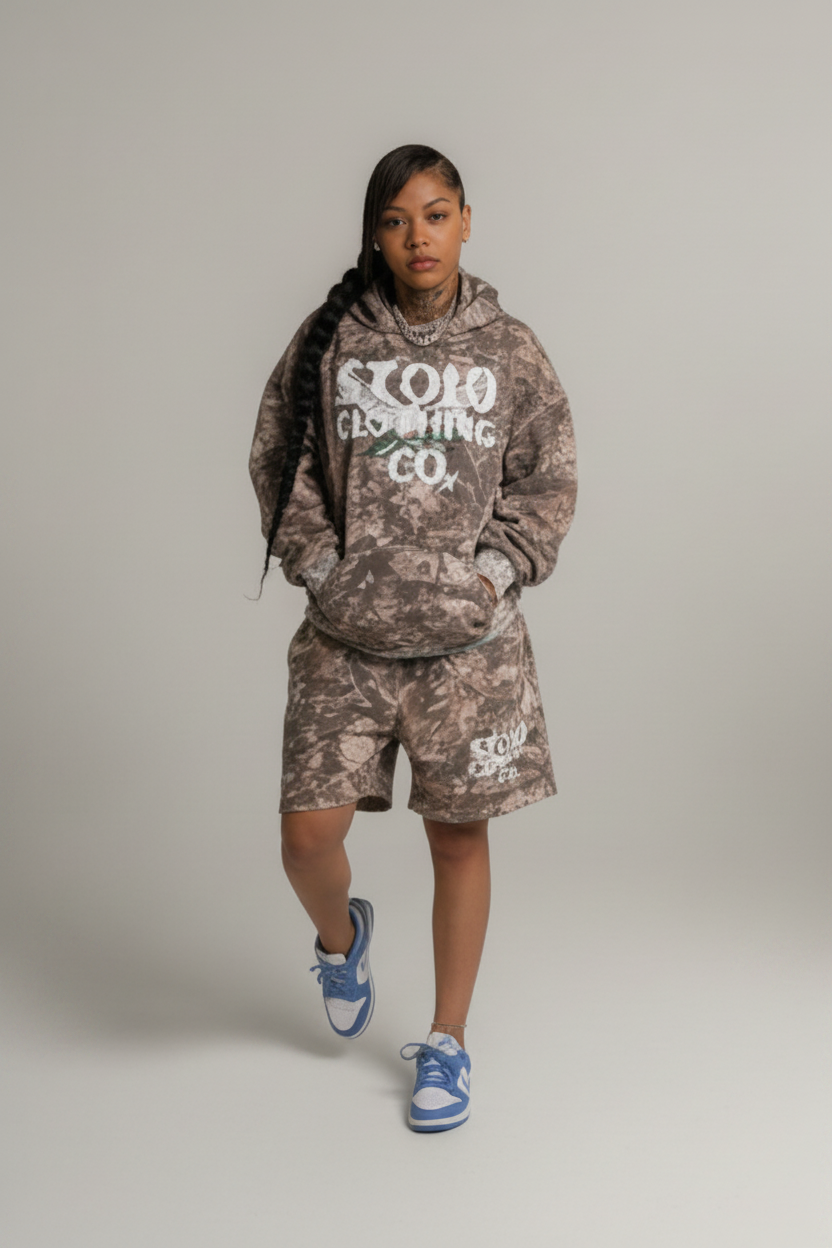 Stolo Clothing Co Birdies Tree Print Camo French Terry Cotton Shorts
