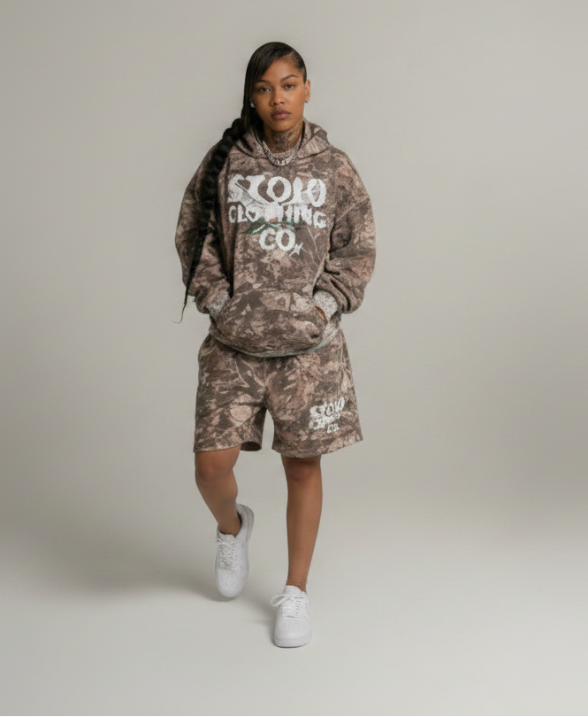 Stolo Clothing Co Birdies Tree Print Camo Heavyweight Cropped French Terry Hoodie
