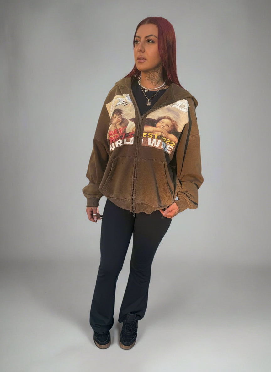 Limited Edition Stolo Clothing Co BABY ANGELS Hand-Frayed Sun Faded Double Zip Up Hoodie