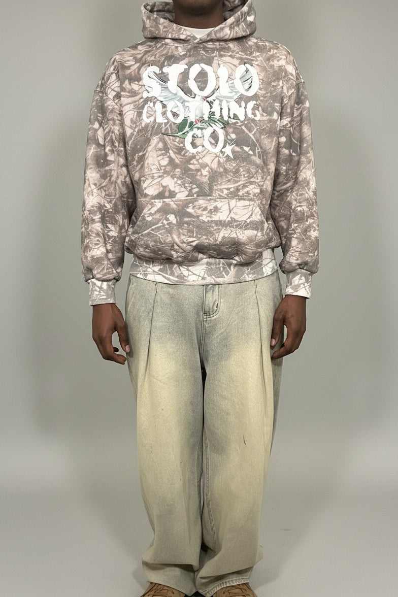 Stolo Clothing Co Birdies Tree Print Camo Heavyweight Cropped French Terry Hoodie